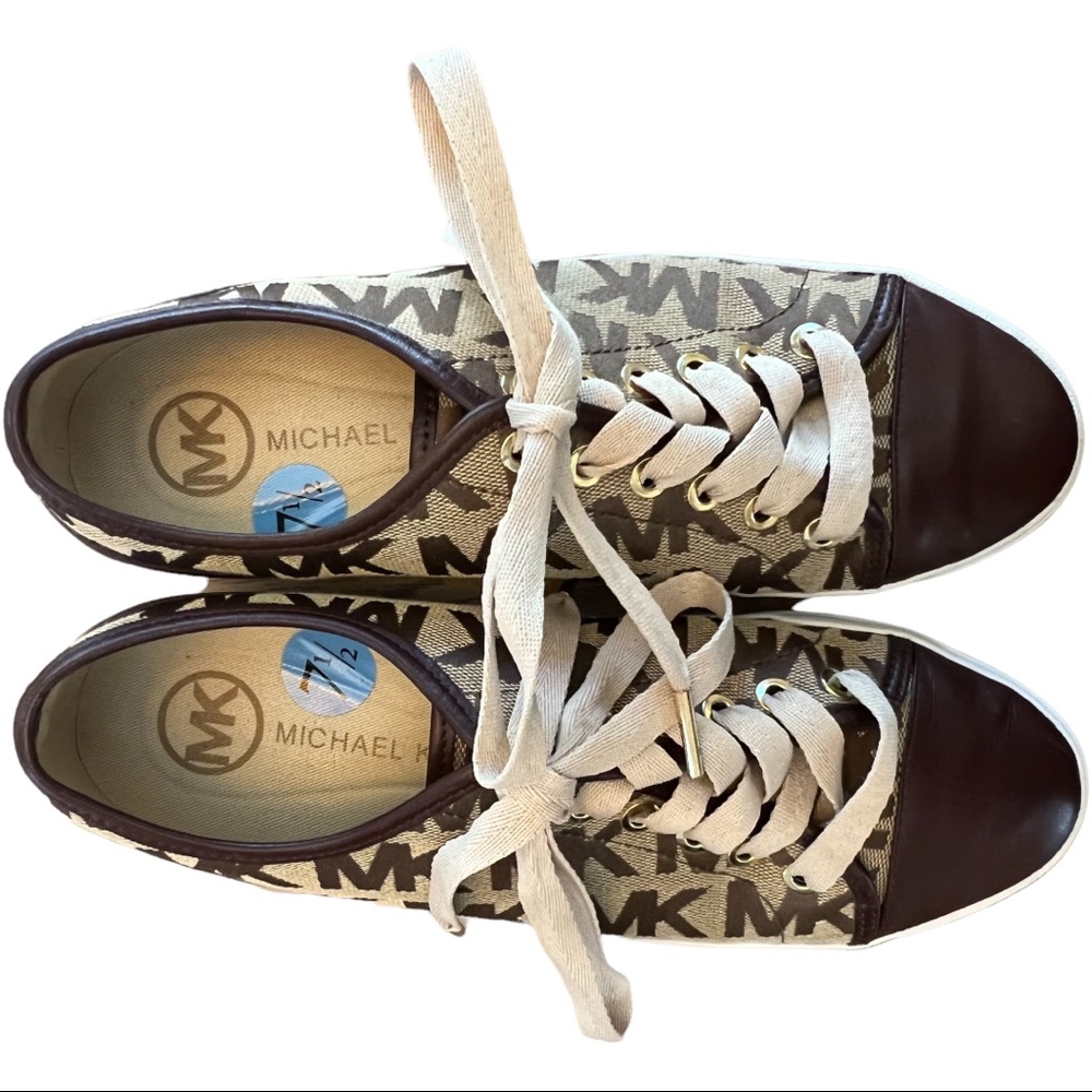 Like New Michael Kors Leather & Canvas Sneakers MK Logo Brown & Tan Size 7.5 - Picture 10 of 12